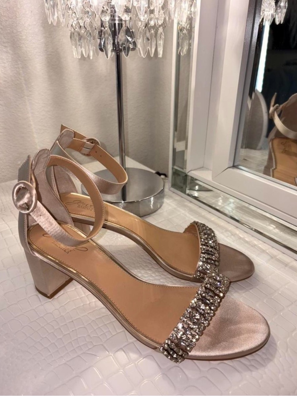 Satin Crystal Ankle-Strap Block Heels in Blush